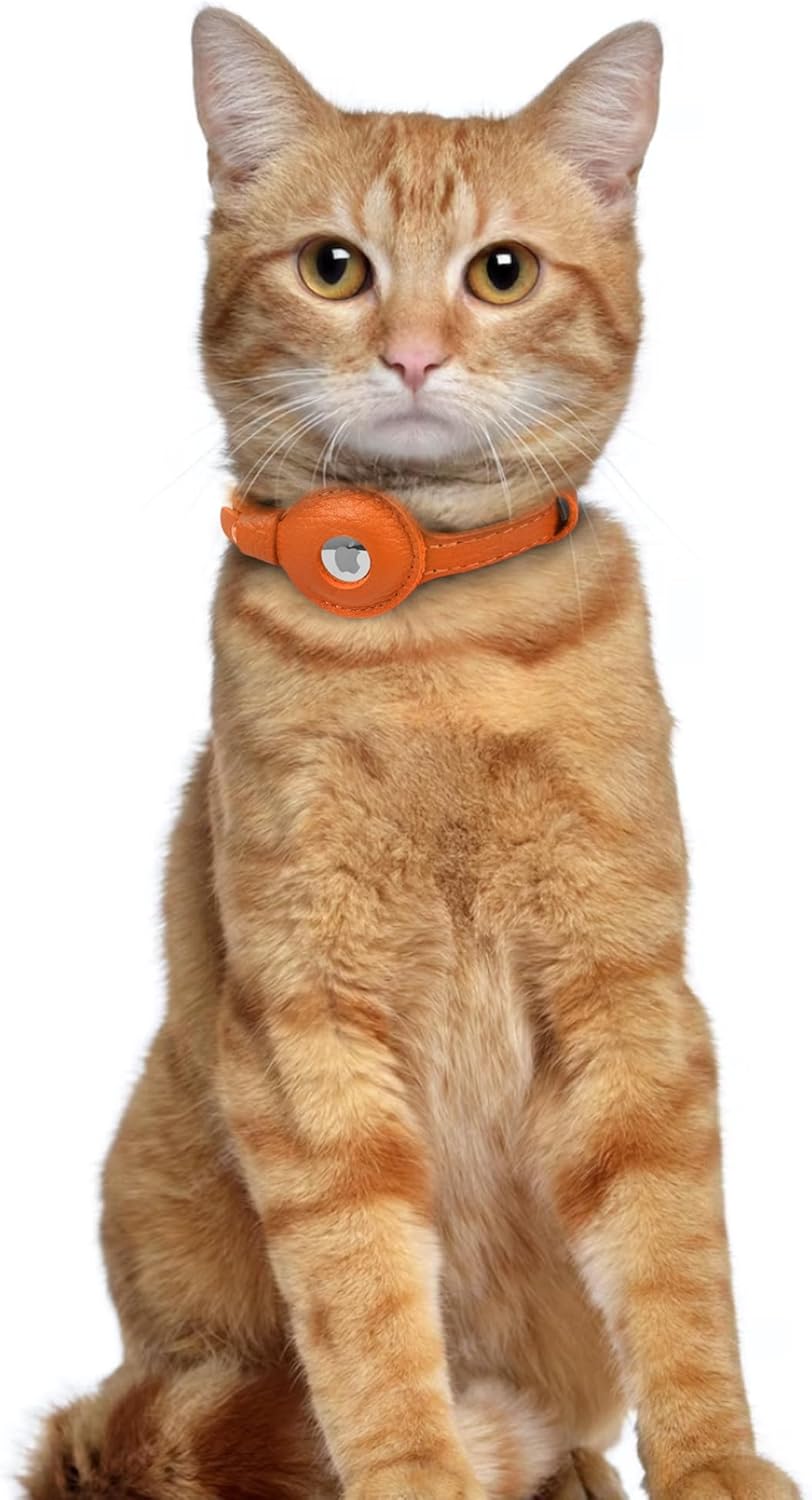 OOPSDOGGY Leather AirTag Cat Collar with Bell - Non Breakaway Kitten Collar with Apple Air Tag Holder - Lightweight GPS Pet Collars for Girl Boy Cats, Small Dogs, Puppies (Orange)