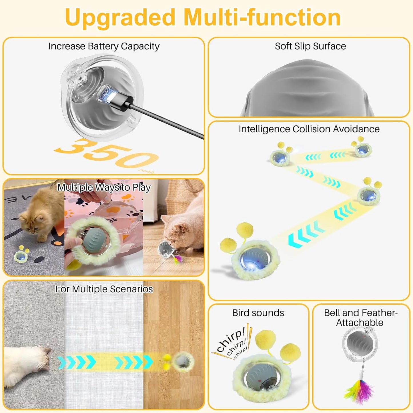 Interactive Cat Toys Ball, Automatic Motion Activated Ball in Pouch Fast Rolling Indoor, Hide and Seek Mouse Catching Game in Cat Play Mat with Chirping, LED Light, Auto On/Off (Pink)