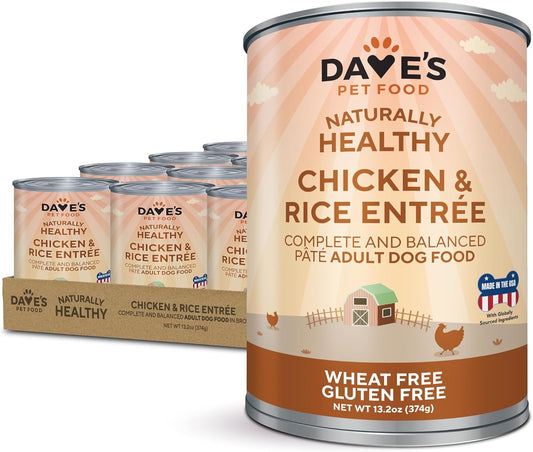 Dave's Pet Food Wet Canned Dog Food (Chicken & Rice), Made in USA Naturally Healthy with Added Vitamins & Minerals, Gluten Free Topper, 13.2 oz (12 Pack)