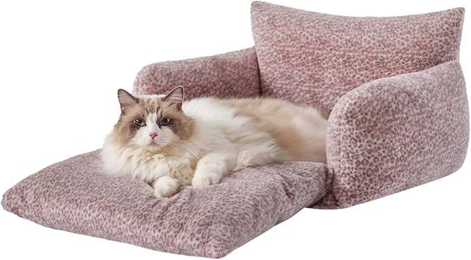 Hollypet Cat Bed Fluffy Plush Mutifuctional Double-Layer Soft Pet Couch Orthopedic Sofa Nest Beds for Small Cats and Dogs, Pink Leopard (25x20x13 inch)