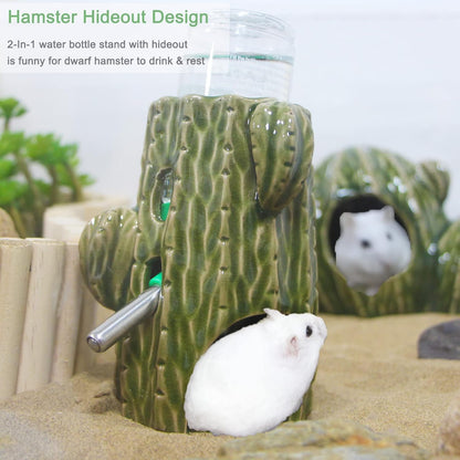 2-in-1 Adjustable Hamster Water Bottle for Glass Tank - 80ML, No Drip Ceramic Holder for Dwarf Hamster, Mice, Rat (Dark Green)