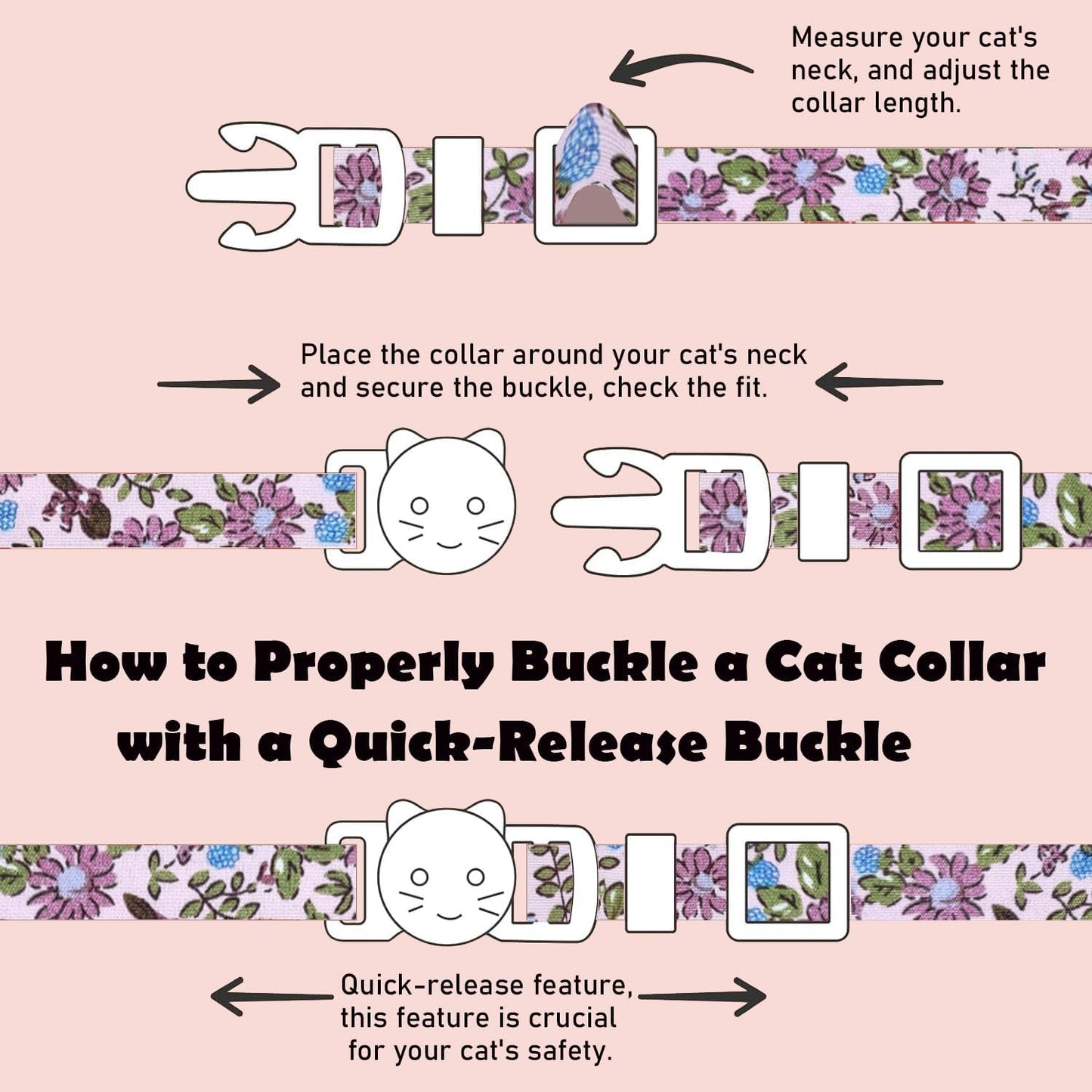 2 Pack Cotton Breakaway Cat Collars Set with Bell and Flower Pendant, Cute Floral Fruit Patterned, Adjustable 7.5-11Inch, Include A Mouse Toy Gift