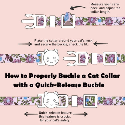 2 Pack Cotton Breakaway Cat Collars Set with Bell and Flower Pendant, Cute Floral Fruit Patterned, Adjustable 7.5-11Inch, Include A Mouse Toy Gift