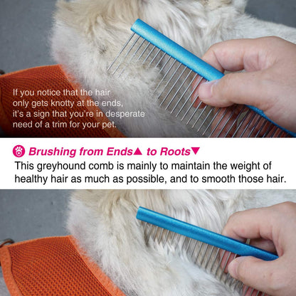 Greyhound Comb with Oval Handle for Dogs and Cats, Removing and Shedding Matted, Tangled Hair, Metal Comb with Stainless Steel Pins, Detangling Grooming Tool (9.8" Blue-20% fine pins)