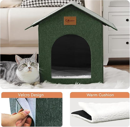 Outdoor Cat House Feral Cat Shelter,Outside Waterproof Cat House for Outdoor/Indoor Cats, Insulated Cat Bed for All Seasons with Cozy Cushion Easy to Assemble, Olive Green, 2 Pack