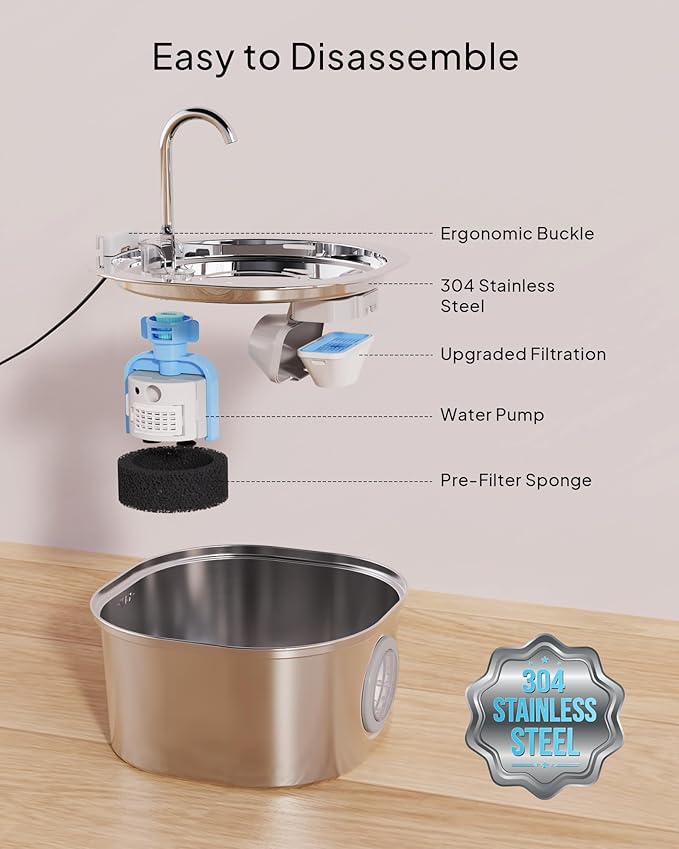 PEKTACO Cat Water Fountain, Pet Water Fountain for Cats/Dogs Indoor, Stainless Steel Cat Drinking Fountains with Water Level Window and 3 Filters + 3 Sponges(3.2L/108oz)