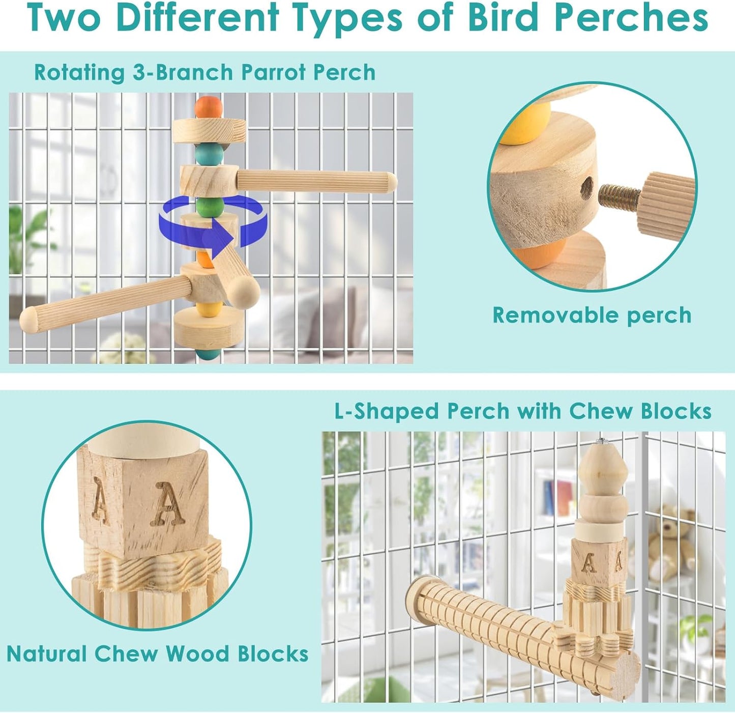 3pcs Natural Wood Bird Chewing Toys, Parrot Rotating Perch Stand, L-Shaped Perches with Chew Block, Hanging Cork Stopper Toys, Bird Cage Accessories for Parakeets Cockatiels Conures Lovebirds