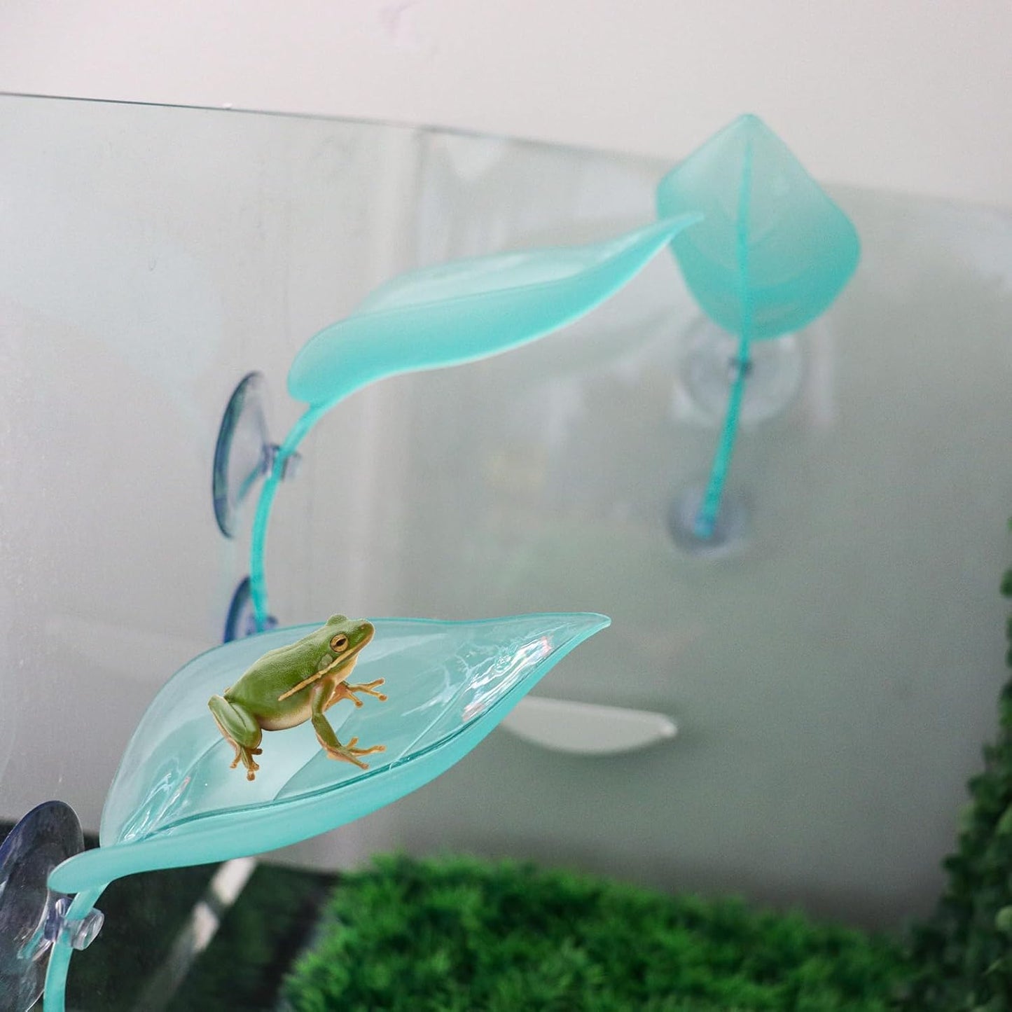 3 Pack Plastic Leaf Decorations with Suction Cups, Frog Habitat Platform, Reptile Decorations for Terrarium, Tank Terrarium Accessories for African Dwarf, Toad