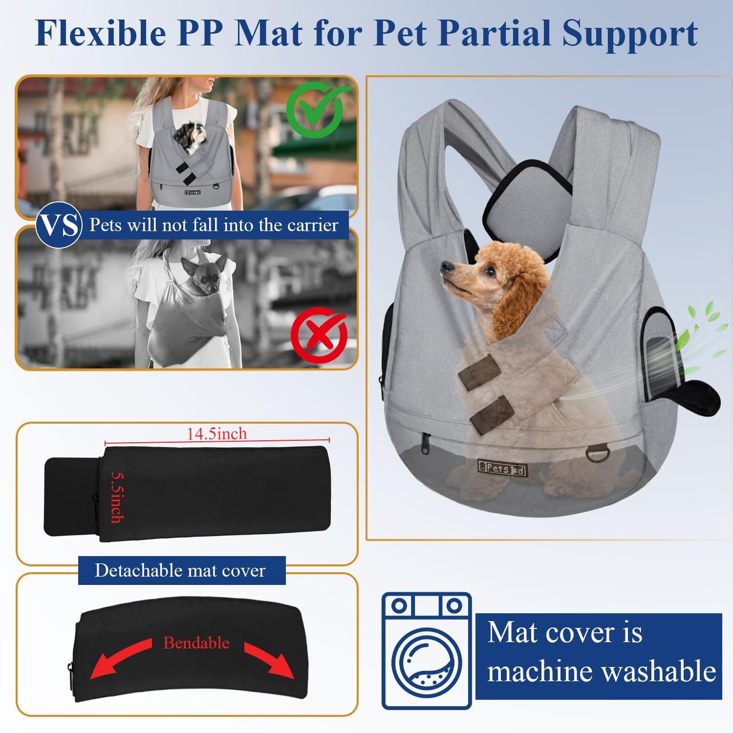 Petskd Dog Carrier Sling for Small Pet 7-15 LBS, Hands Free Front Facing Cat Sling Chest Carrier with Bottom Mat and Adjustable Strap for Pets Anti-Anxiety, Walk, Vet