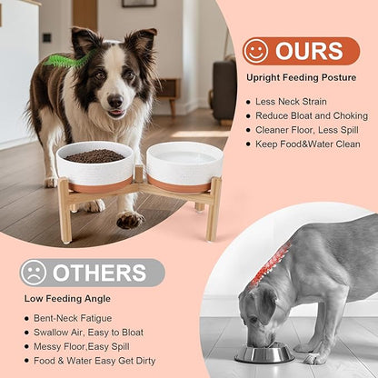 SPUNKYJUNKY Elevated Dog Bowls Ceramic, 7.3'' Dogs Food Water Bowls Raised with Non-Slip Bamboo Stand for Medium to Large Sized Breed Microwave Dishwasher Safe - 42 OZ,Pattern White