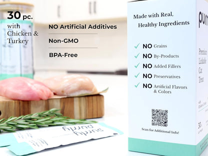 Purrly Interactive Lickable Cat Treats Low Calorie Human-Grade Chicken Breast & Turkey with L-Lysine & Astaxanthin for Immunity (30 Count) Non-Seafood Hydrating BPA-Free for All Ages