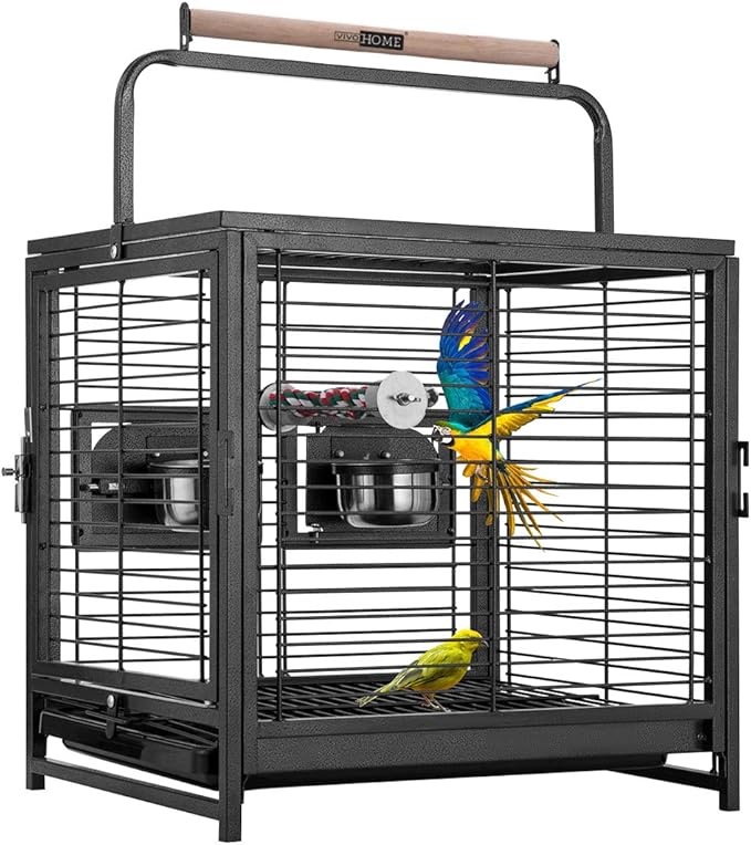VIVOHOME 19 Inch Wrought Iron Bird Travel Carrier Cage for Parrots Conures Lovebird Cockatiel Parakeets Black