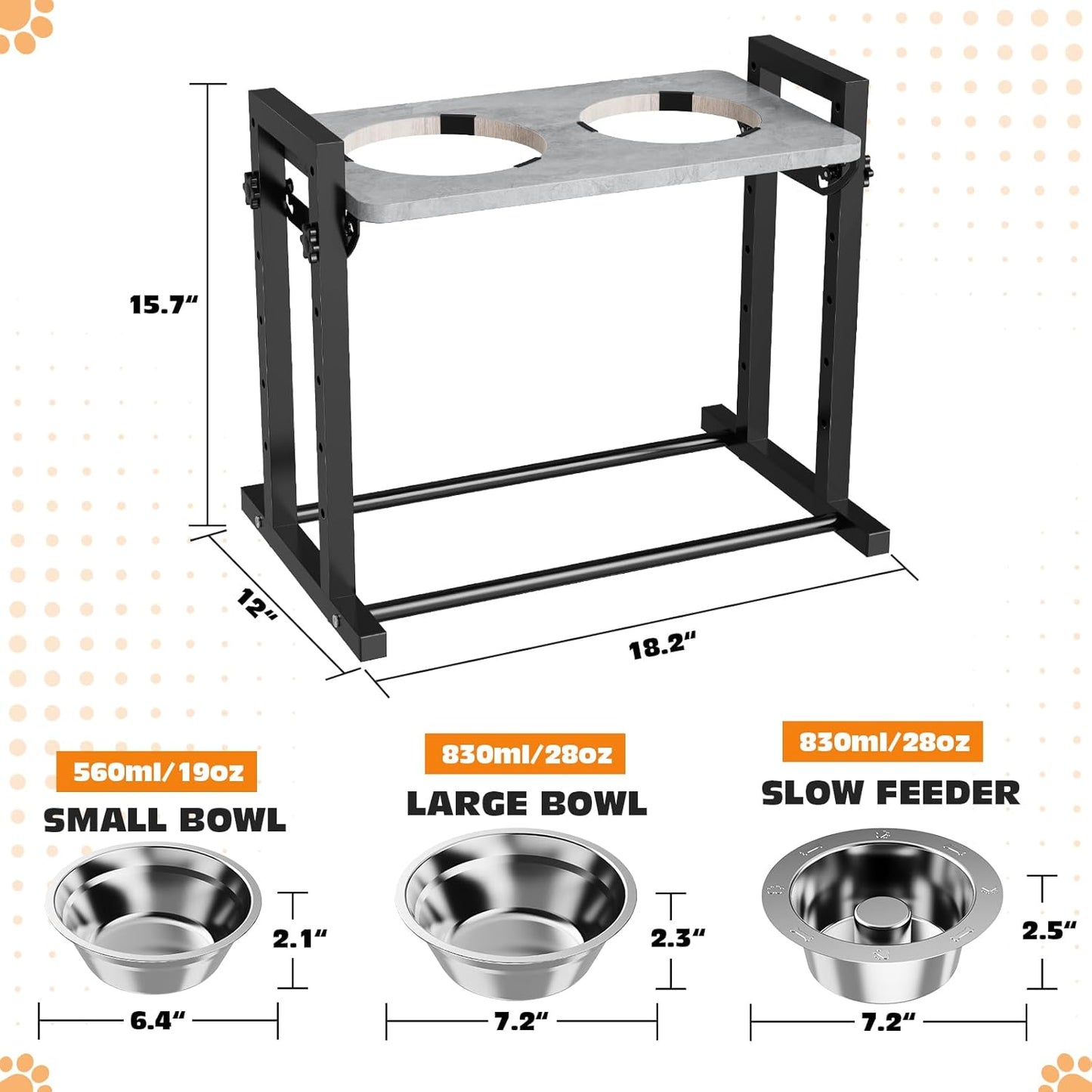 Elevated Dog Bowls for Dogs, 6 Heights Adjustable Raised Dog Bowl with Slow Feeder - 3 Stainless Steel Bowl, Tiltable Non-Slip Feeding Bowls with Metal Stand