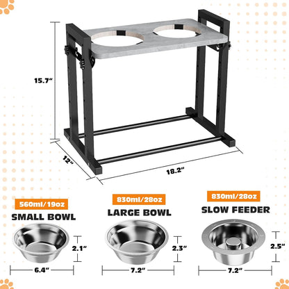 Elevated Dog Bowls for Dogs, 6 Heights Adjustable Raised Dog Bowl with Slow Feeder - 3 Stainless Steel Bowl, Tiltable Non-Slip Feeding Bowls with Metal Stand