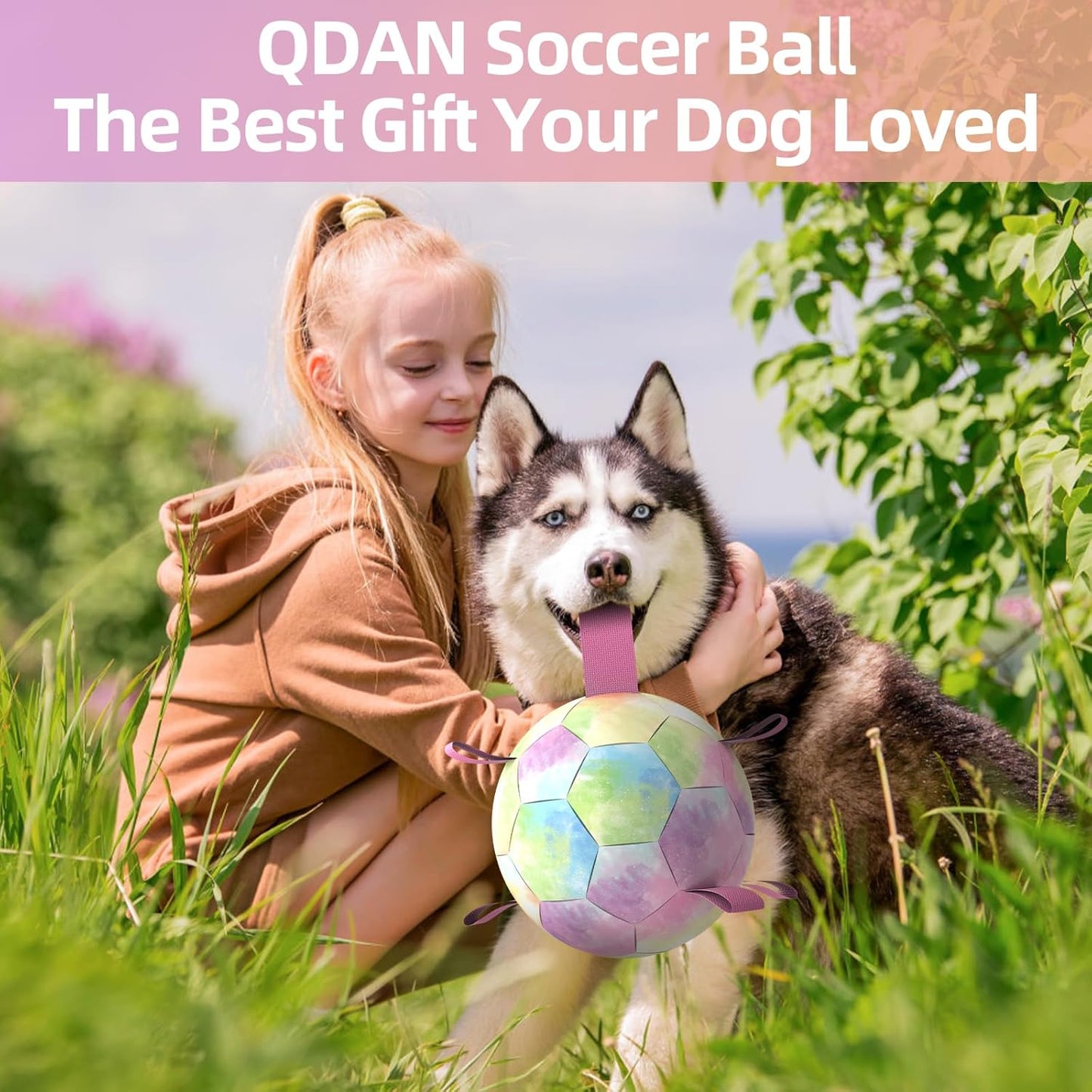 QDAN Extra Large Dog Toys Soccer Ball - Durable Dog Balls for Extra Large Dogs, Beach Pool Dog Water Toy, Interactive Dog Toys for Tug of War, Puppy Birthday Gifts, Rainbow (9 Inch)