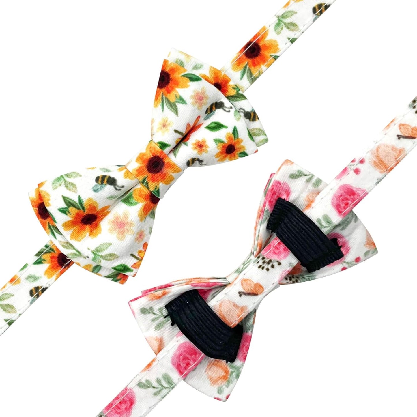 2 Pack Cotton Cat Collar with Bow Tie and Bell for Girl Boy Cats,Cute Pink Flower and Yellow Sunflower Pattern Spring Summer Breakaway Cat Collar for Male Female Cats (Flower&Sunflower)