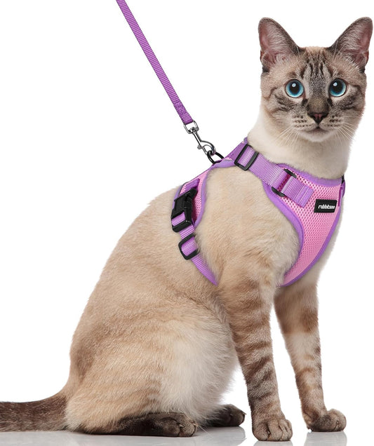 rabbitgoo Cat Harness and Leash Set, Escape Proof Soft Adjustable Vest Harnesses for Outdoor Walking, Easy Control Breathable Kitten Jacket with Reflective Strips, Pink & Purple, S