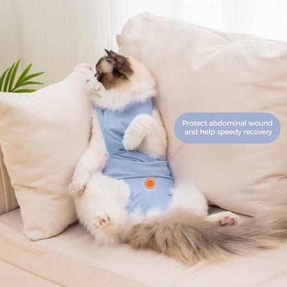 Avont Cat Recovery Suit Post-Surgery Onesie, Breathable Cone-of-Shame Alternative Bodysuit for Spayed Female Kittens, Skin Abdonminal Wound Care -Blue(M)