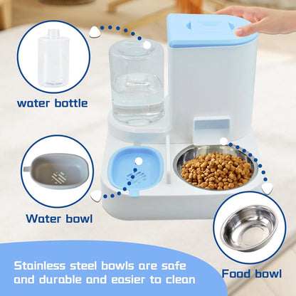 Automatic Cat Food and Water Dispenser Set 2 in 1, All-in-One Gravity Pet Feeder with Stainless Steel Cat Food Bowl Travel Auto Supply Feeder and Water Dispenser for Small Medium Cats Dogs (Blue)