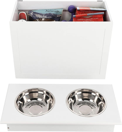 Elevated Dog Bowl with Storage, White Tall Feeder - Raised Dog Bowl Stand Large Feeding Station with 2 Pet Bowls