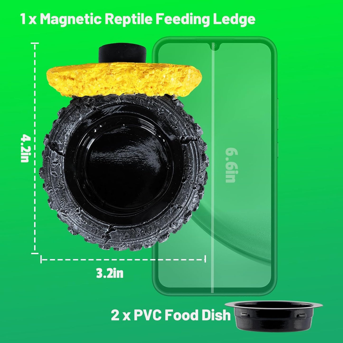 Gecko Gecko Feeder Ledge, Magnetic Reptile Feeding Ledge with 2 Food Bowls, Natural Tire-Design Resin Base for Bearded Dragon, Snake, Frog in Glass/PVC/Acrylic/Wood Tanks