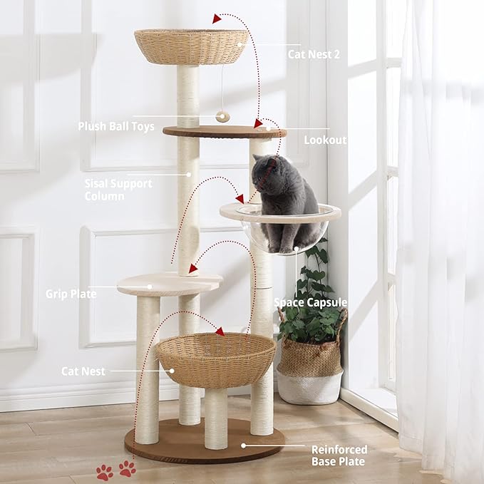 Modern Cat Tree Tower for Large Cats, Real Natural Sisal Luxury Cat Condo, Manual Hand Woven Wood Cat Tower, Indoor Cat Scratching Tree, New Cat Condo Lover Gift