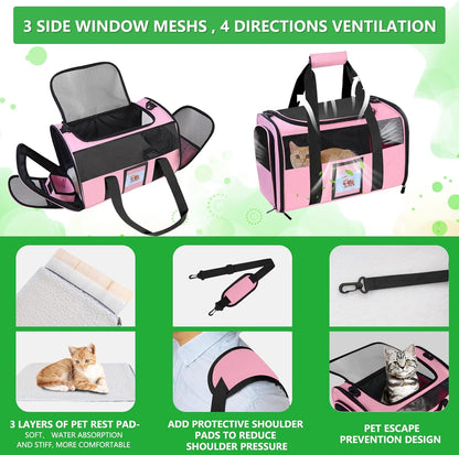 20" Large Cat Carrier Soft Sided for Cats Under 25 lbs, Folding Dog Carrier 20" Carrier for 2 Cats Travel Carrier - Pink