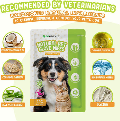Pet Glove Wipes for Dogs & Cats | Nourish & Clean Fur & Skin | Coconut Oil & Chamomile Rinse-Free Wipes | Bathing Glove Wipes for Daily Care and Travel | Natural, Hypoallergenic (8 Pack)