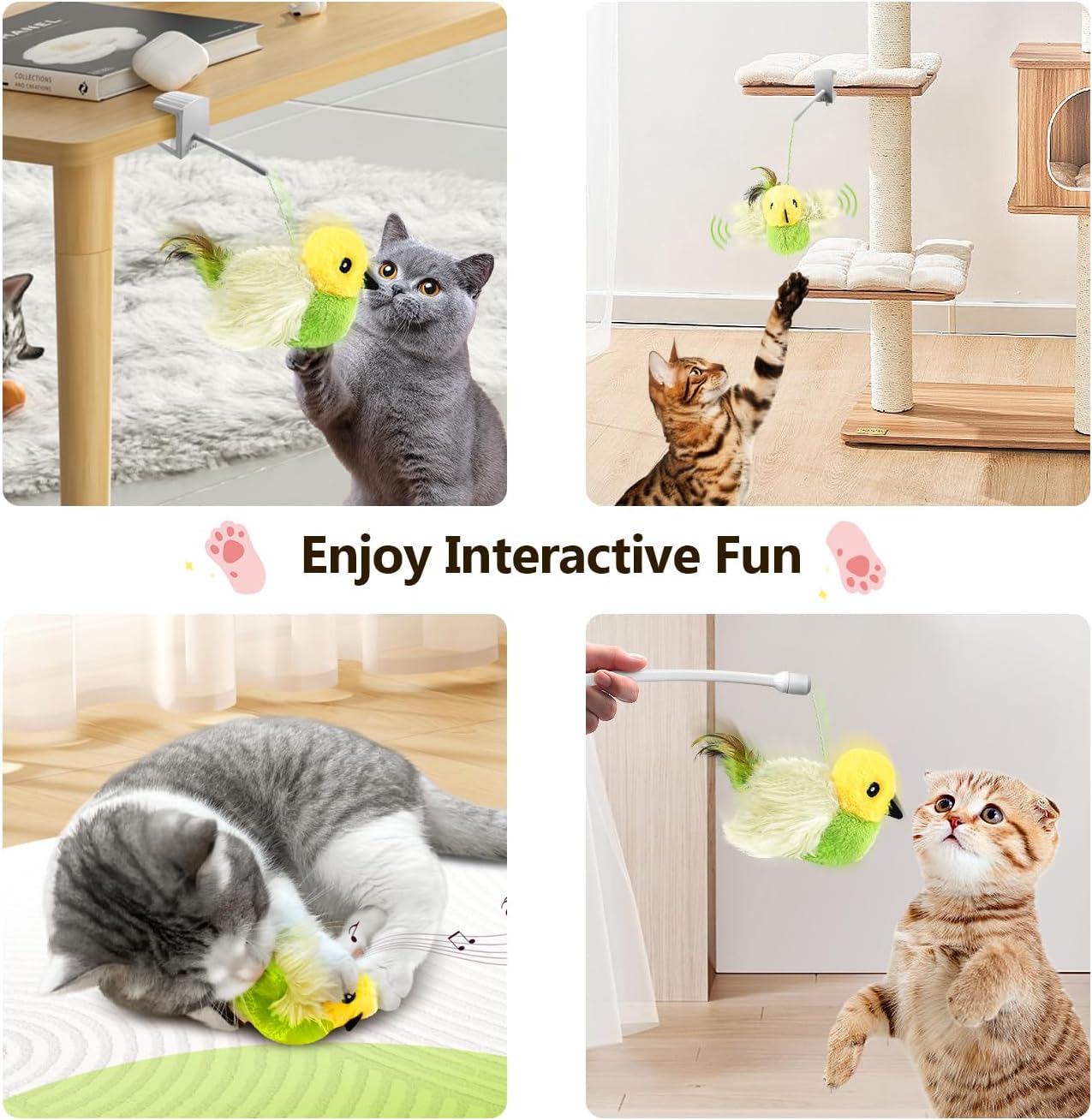Migipaws Cat Toys,Interactive Lifelike Amakihi Flying Flapping Bird with Catnip, Feathers Hanging by Elastic String, Automatic Chirping Kitten Toys for Indoor Cats Self Play, Rechargeable(Green)