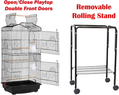 65-Inch Large Flight Bird Cage with Toys and 10-Step Play Ladder for Cockatiel Parakeet Finch Budgie Lovebird Canary Finch Pet Bird Cage with Rolling Removable Rolling Stand