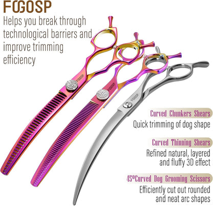 45°Curved Dog Grooming Scissors Curved Thinning Shears Curved Chunkers Dog Shears 3Pcs Combo (RoseRed)