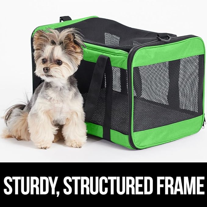 GORILLA GRIP Cat Carrier Travel Bag Up to 15 Lbs, Soft Collapsible Small Dog Carriers, Top and Side Entry Breathable Mesh, Grip Feet on Underside, Cozy Washable Waterproof Pad, Portable Kennel, Green