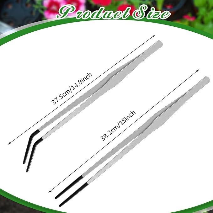 Lasnten 2 Pcs Extra Long Stainless Steel Reptile Feeding Tongs with Rubber Tip Bearded Dragon Aquarium Straight and Curved Long Tweezer Terrarium Feeder Tool for Tank(Silver, 15 Inch)