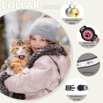 Waterproof Airtag Cat Collar, Reflective With Bell, Breakaway Holder, Lightweight for Apple Air Tag, GPS Collars for Girl Boy Cats, Kitten (Pink)