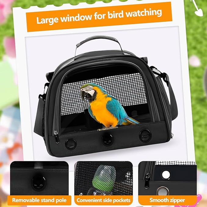 Bird Backpack,with Feeder Cups Tray Perch Portable Breathable Bird Carrier,for Small Birds Parrots Cockatiels (Black)