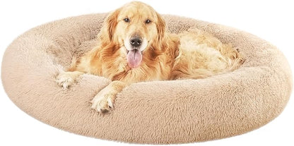 Amazon Basics Donut Pet Bolster Faux Fur Bed for Dog, Beige, 45" x 45"