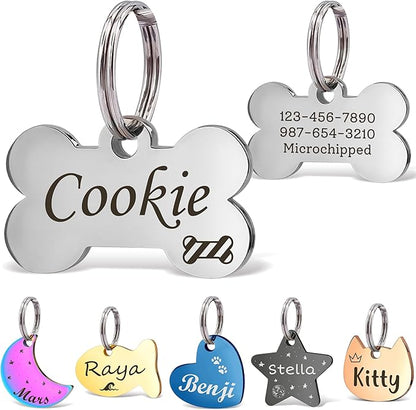 Anavia Small Size Dog Cat ID Tags, Small/XS Personalized Color Plated Stainless Steel Puppy Kitten Name Tags, Customized Engraved Nameplate Pet Collar Tag (Silver, Bone)