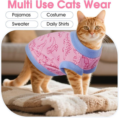 DENTRUN Sleeveless Cat Vest with Dinosaur Print, Breathable Ultra-Soft Dralon Fleece Cat Sweater, All-Season Pet Costume Apparel for Cats, Kitten Clothing for Indoor/Outdoor, Pink, M