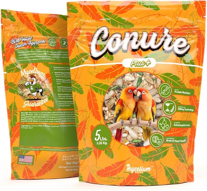 Mycelium Organic Conure Plus Feed (5 LBS) | High-Protein Bird Seed for Conures | Brain & Heart Health, Vitamin-Fortified Daily Nutrition | Omega-Rich, Non-GMO, USA Made