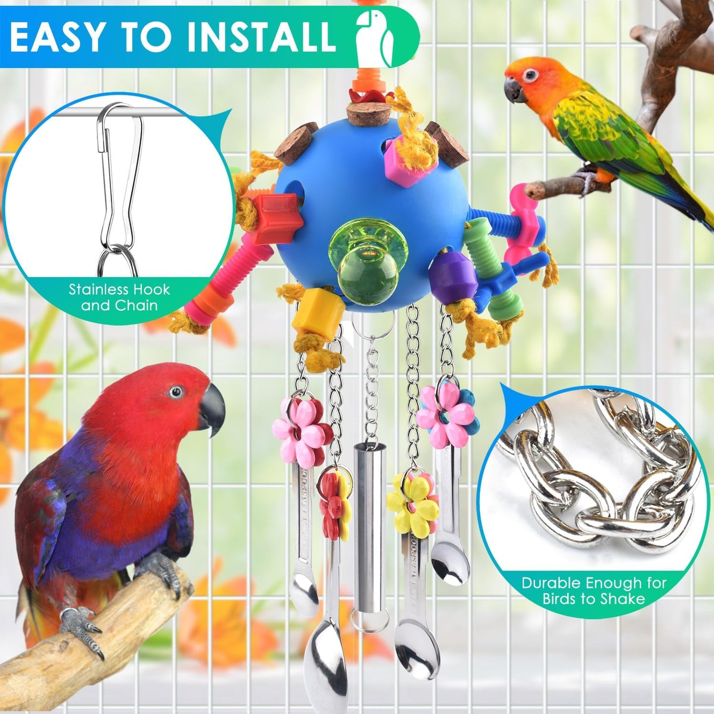 KATUMO Bird Toys, 2PCS Parrot Pull Spoons Colorful Acrylic Stick Chew Toys for Amazon Parrot, Parakeet, African Grey, Conure, Caique, Quaker, Small Cockatoo, Mini Macaw, Eclectus and Similar Birds