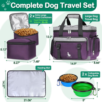 IGOLUMON Dog Travel Bag Large Pet Travel Bags Set for Supplies Weekend Travel Kit Tote Organizer Multi-Pockets Dog Food Travel Bag with 2 Large Food Containers, 2 Dog Bowls, 1 Feeding Mat, Purple