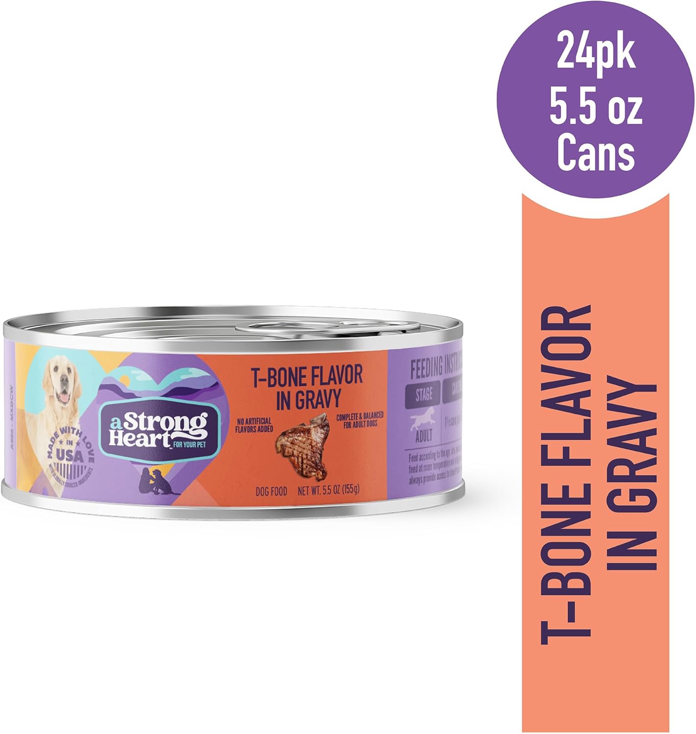 A Strong Heart Wet Dog Food, T-Bone Flavor in Gravy - 5.5 oz Cans (Pack of 24), Made in The USA with Real Beef