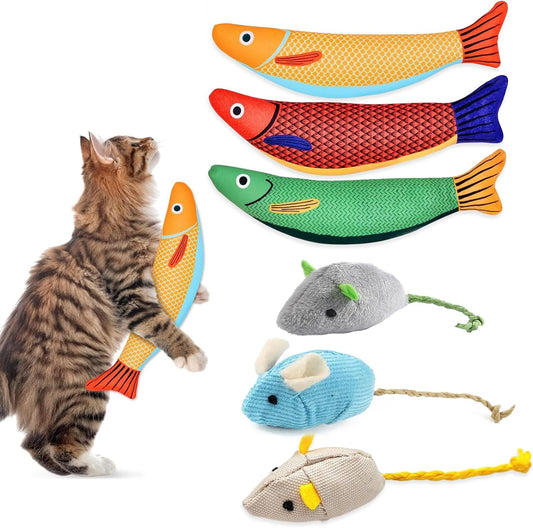 Cat Kicker Toy 6-Pack Organic Catnip Toys for Cats Squeak Mice Set with Rattle Crinkle Sound Soft Teething Chew Interactive Flopping Toys for Indoor Kittens Durable Fish-Shaped Kicker Relieve Boredom