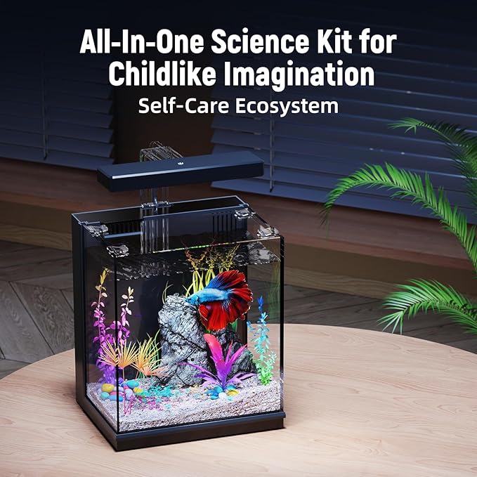 Betta Fish Tank, 2 Gallon All-in-One Aquarium Kit with Filtration & LED Light, Self-Cleaning Aquarium for Beginners, Kids, Desktop Bowl for Home, Office, or Kids Room
