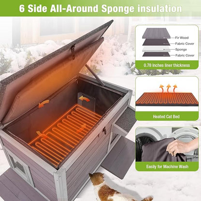 GUTINNEEN Heated Cat House with Anti-Chewing Cable Insulated Cat House Outdoor Weatherproof with Liner Feral Cat Shelter with Heater