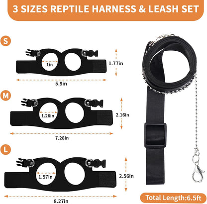 3 Pack Bearded Dragon Leash and Harness Set for Small Animals, 6.5FT Leash with 3 Sizes Adjustable Harness for Lizard Walking Adventure, Soft Vest Clothes for Squirrel Reptile Lovers -Black