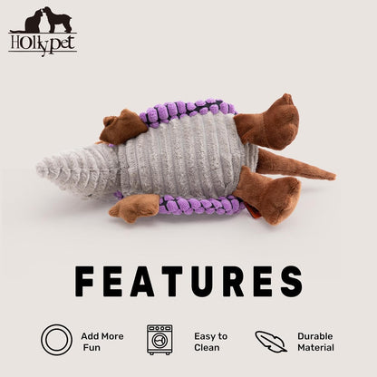 Hollypet Plush Dog Squeaky Toy Stuffed Armadillo Animal Pet Puppy Chew Toys with Clean Teeth for Small Medium Large All Breed Sizes Dogs, Purple, 8 in