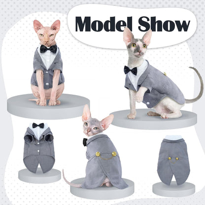 QBLEEV Cat Tuxedo Suit, Cat Halloween Costumes for Cats Only, Sphynx Cat Tuxedo Outfit Costume with Bow Tie, Kitten Formal Attire Wedding Birthday Onesie Clothes for Male Girl Hairless Cats