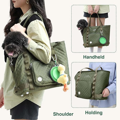 Pecute Dog Purse Carrier, Dog Carrier with Pockets for Small Dogs, Fits Dogs 5.5 lbs to 11 lbs, Cat and Puppies Tote Bag, Outing, Travel, Vet, Green