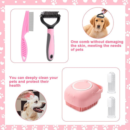 VCZONE 8 Pcs Dog Grooming Kit with Self Cleaning Tools: Nail Clipper, Flea Comb, Shampoo Brush, Shedding Brush, Dematting Comb, Silicone Toothbrush (Pink)